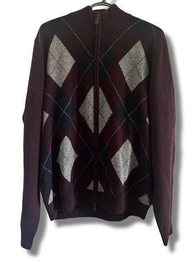 NWT Brooks Brothers 100% Scottish Lambswool Full Zip Argyle Sweater Burgundy LG